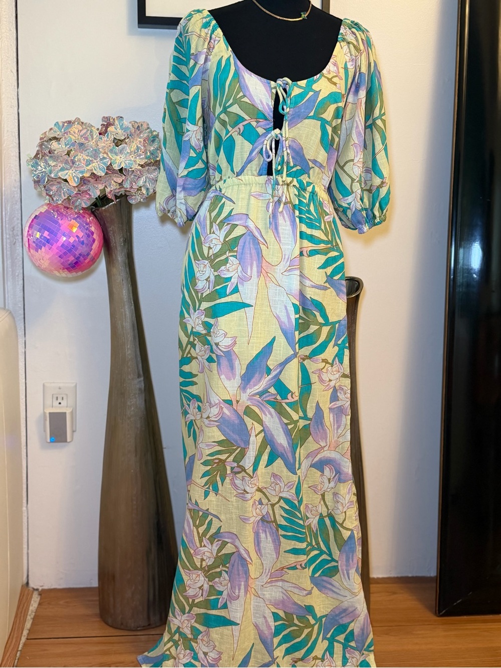 Billabong Pastel Yellow Floral Tie-Front Maxi Linen Dress